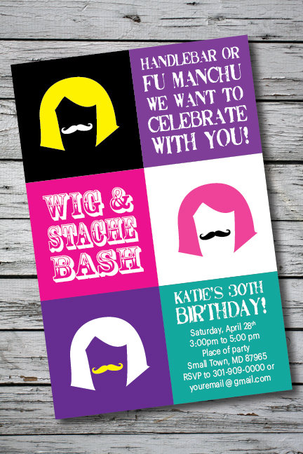 WIG AND STACHE BASH MUSTACHE PrintableBirthday Party Invitation